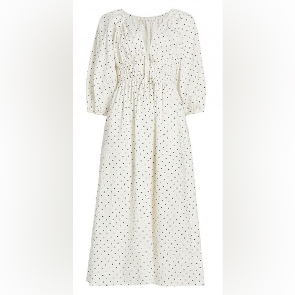 NWT WAYF Veronica Ivory Polka Dot White & Black Bow Cinch Cotton Maxi Dress S